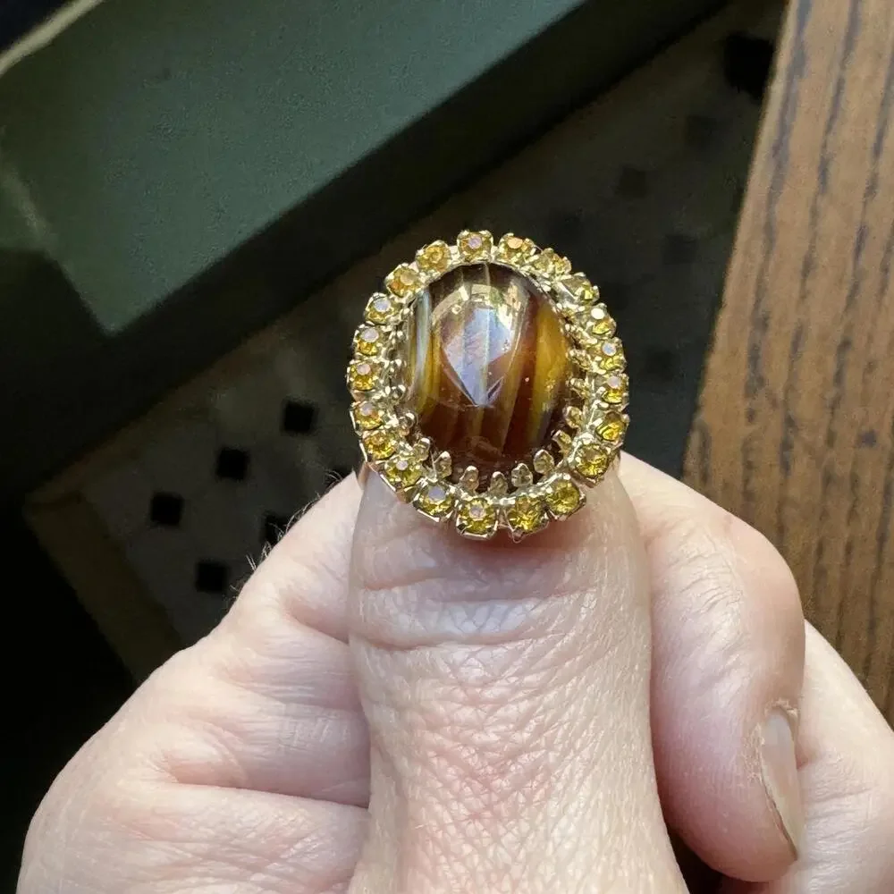 Vintage Adjustable‎ Tigers Eye Ring Jewelry Statement Single Cocktail